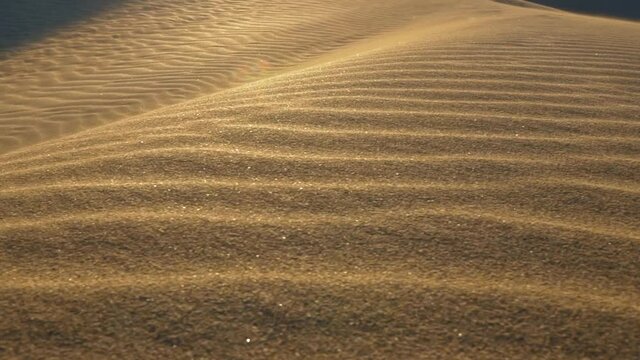 Dune desert sands abstract shot. Grains of sand waving in the wind. Sunlight reflecting on folded sand surface. Slow motion shot