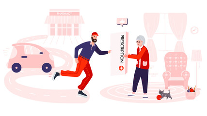 Man delivery medical from pharmacy for Senior woman. Courier service with package with prescription drugs from drugstore for Old female. Healthcare concept for aged people.