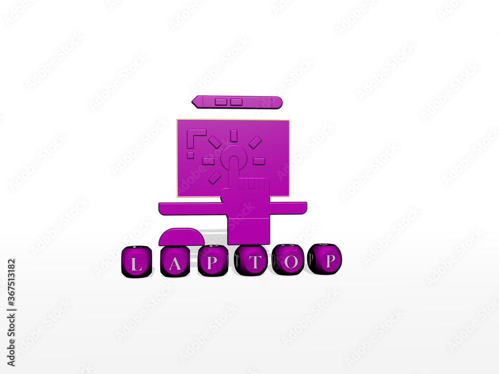 Fototapete 3d illustration of laptop graphics and text made by metallic dice letters for the related meanings o