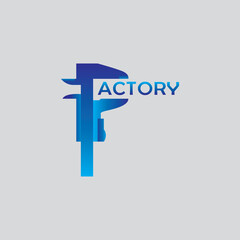 vector illustration. Calipers with letter F for Factory logo template design. 