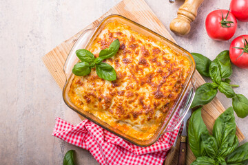 Delicious traditional italian lasagna made with minced beef bolognese sauce