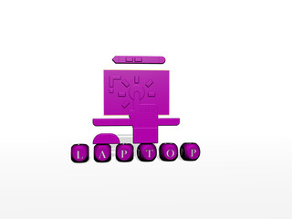 3D illustration of LAPTOP graphics and text made by metallic dice letters for the related meanings of the concept and presentations. computer and business