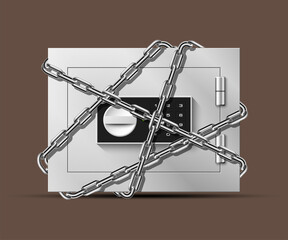 Obraz premium Image of a steel safe wrap chain. Armored box background. The door safe a bank vault with a combination lock. Reliable Data Protection