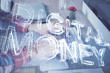 Blockchain theme hud with man working on computer on background. Concept of crypto chain. Double exposure.