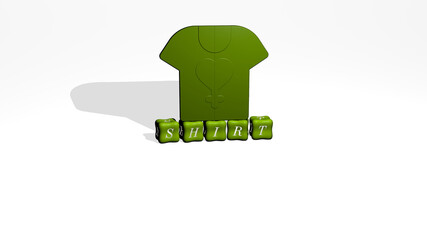 3D illustration of shirt graphics and text made by metallic dice letters for the related meanings of the concept and presentations. background and white