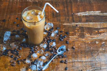 .iced coffee on wooden Table