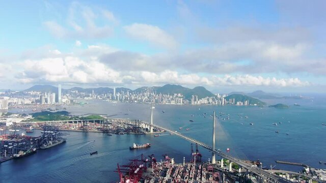 General view of Hong Kong port area, High altitude Aerial footage.