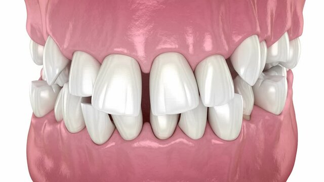 Abnormal teeth position, correction process. Medically accurate dental 3D animation