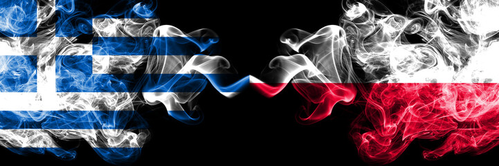 Greece vs Poland, Polish smoky mystic flags placed side by side. Thick colored silky abstract smoke flags.