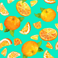 Juicy pattern with bright fresh oranges and green leaves. Seamless summer food pattern on cyan background. Watercolor hand painted fruits