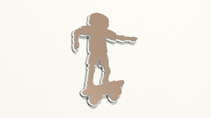 ATHLETIC SPORT ACTIVITY from a perspective on the wall. A thick sculpture made of metallic materials of 3D rendering. athlete and active