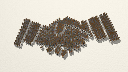 shaking hand between male and female genders on the wall. 3D illustration of metallic sculpture over a white background with mild texture. hands and business