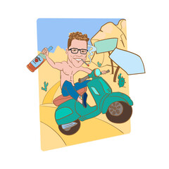 A man with a bottle of whiskey and a cigarette rides a motobike along a desert road.A bare-chested biker in jeans and sneakers travels through a sandy desert. Background are mountains of sand. Vector.