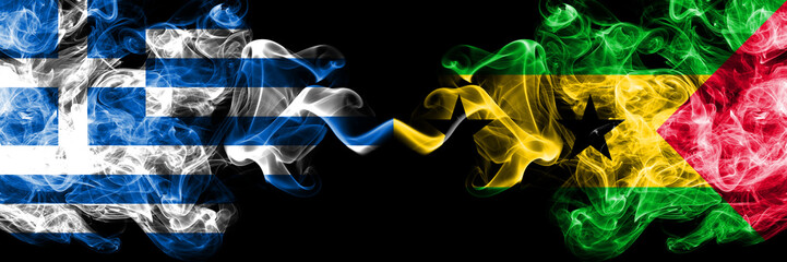 Greece vs Sao Tome and Principe smoky mystic flags placed side by side. Thick colored silky abstract smoke flags.