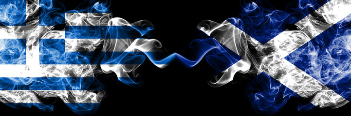 Greece vs Scotland, Scottish smoky mystic flags placed side by side. Thick colored silky abstract smoke flags.