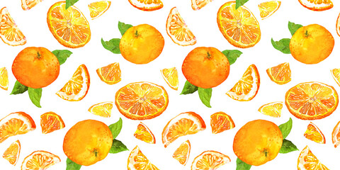 Fun summer pattern with oranges and leaves. Seamless pattern, repeated texture design. Watercolor hand painted fruits