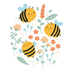 Set of vector funny kawaii bees with flowers and leaves. Summer illustration for children. Hand drawn doodle plants. Cartoon character.