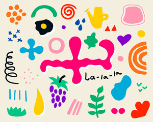 Abstract Hand drawn design background. Colorful contemporary trendy Shapes and Doodle isolated objects. Big set modern vector art illustrations. Perfect for textile prints fabric, covers, wallpapers.