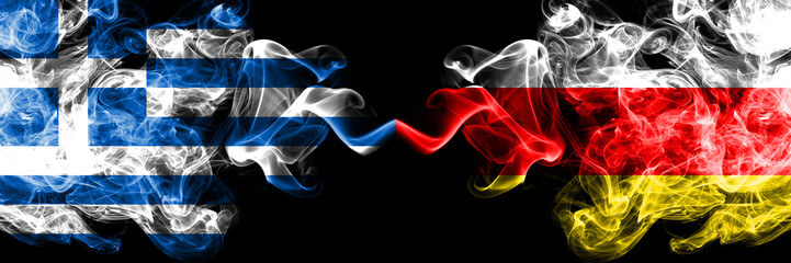 Greece vs South Ossetia smoky mystic flags placed side by side. Thick colored silky abstract smoke flags.