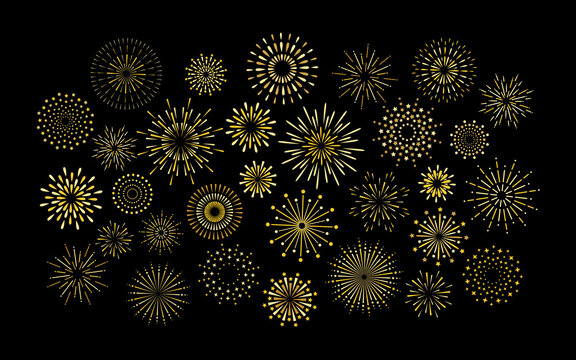 Sparkle art deco star shape fireworks burst pattern collection. Gold star shaped firework pattern isolated collection. Carnival celebration firecracker explosion, birthday party festive decoration.