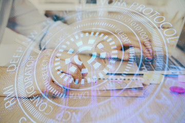 A man working on computer with technology theme drawing. Concept of big data. Multi exposure.