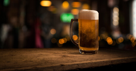 Beer style- bottle, beer in the glass and covers on wooden table. Free space for text. Top view