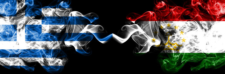 Greece vs Tajikistan, Tajikistani smoky mystic flags placed side by side. Thick colored silky abstract smoke flags.