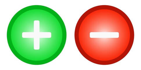 Obraz premium Plus and minus button icons, brightly coloured red and green vector set.