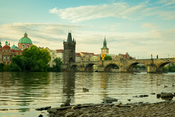 Pedestrians only Charles Bridge (a.k.a. Stone Bridge, Kamenny most, Prague Bridge, Prazhski most) over Vltava river in Prague, Czech Republic.