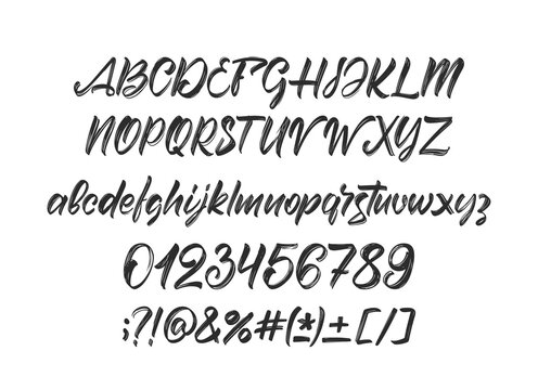 Vector Full Handwritten brush font. English Abc alphabet with punctuation and numbers on white background.