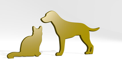 CAT AND DOG stand with shadow. 3D illustration of metallic sculpture over a white background with mild texture. animal and cute
