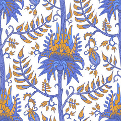 Tropical floral seamless pattern in indian styly. Stylized fantastic flowers and branches in rows and lines. Oriental style