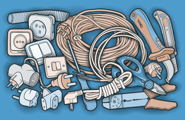 Cartoon doodle electrical instruments illustration