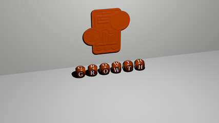3D illustration of GROWTH graphics and text made by metallic dice letters for the related meanings of the concept and presentations. background and business