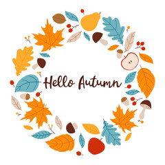 Obraz na płótnie Canvas Hello, Autumn. Bright autumn wreath with leaves, berries, apples, pears and mushrooms.