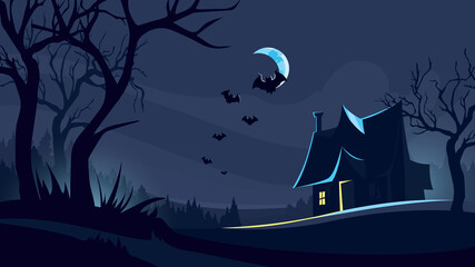 Halloween background with house in dark forest. Scary night scene.