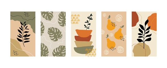 Abstract backgrounds for social media. Set of shapes leaves fruits for stories, banners. Vector creative design for social network, blog