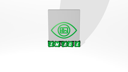 3D graphical image of image vertically along with text built by metallic cubic letters from the top perspective, excellent for the concept presentation and slideshows