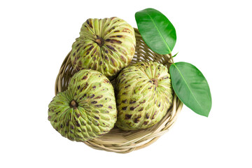 ripe custard apple fruit with leaf isolated on white background