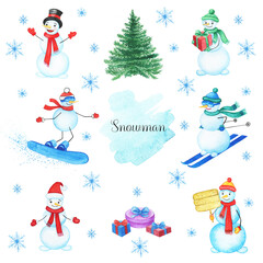  Watercolor snowman set isolated on white background. This Christmas set with  handpainted clipart (snowman on skis,fir-tree, snowman on snowboard, snowflake)
