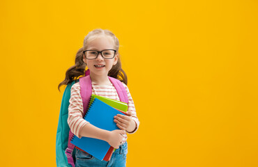 Kid with backpack on color background.