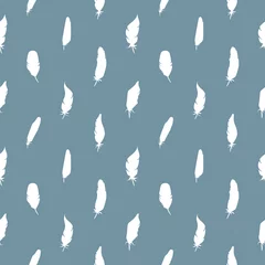 Papier Peint photo Lavable Pour elle Conception de modèle sans couture de plume d& 39 oiseau. Plumes blanches sur fond bleu pour papier, tissu ou impression.