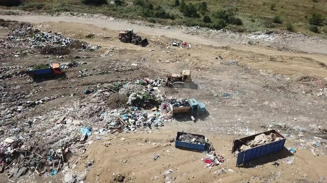 Garbage Truck In A Landfill. Huge City Dump, Top View.