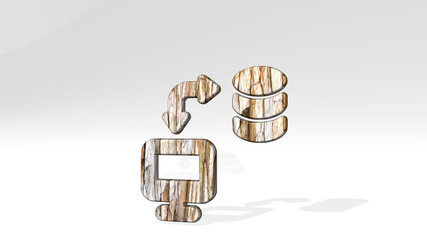 DATABASE MONITOR SYNC made by 3D illustration of a shiny metallic sculpture casting shadow on light background. concept and business