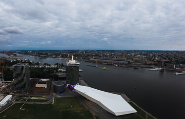 Amsterdam cityscape of canal river at central station