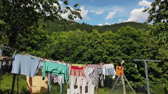 clothes hanging out to dry taken with the drone in 4k in tuscany itlia