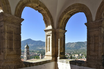 Fototapeta na wymiar Masonry arches on a panoramic terrace overlooking the old town of Venafro, Italy.