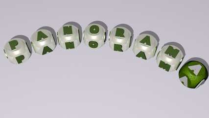 crosswords of PANORAMA arranged by cubic letters on a mirror floor, concept meaning and presentation. city and view