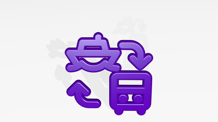 transportation ticket boat bus transfer made by 3D illustration of a shiny metallic sculpture with the shadow on light background. icon and car