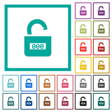 Unlocked combination lock with center numbers flat color icons with quadrant frames